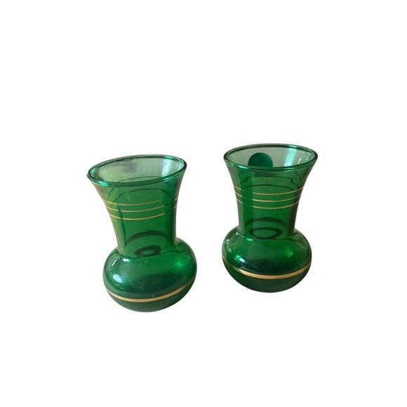 Art Deco Emerald Green Gold Striped 3.75" Glass Bud Vases Czech Glass Set Of 2 - Picture 6 of 7